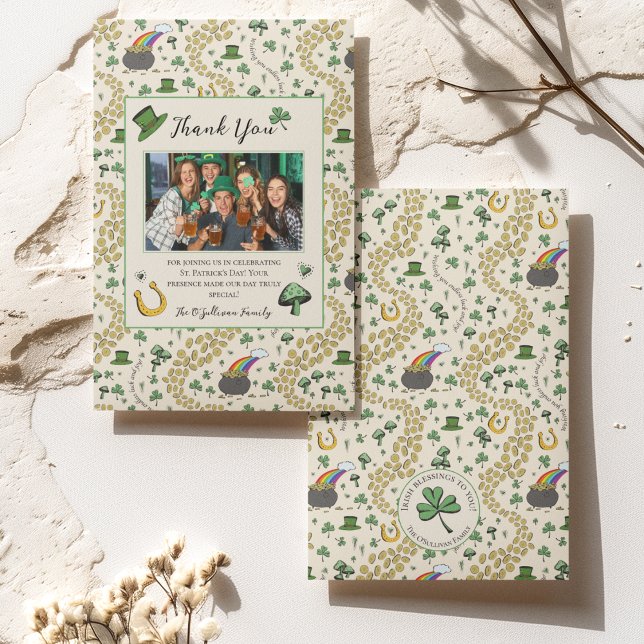 Green & Cream St patrick irlandais Carte de remerc (St Patricks Day Custom Photo, Thank You Message and Name with Irish Blessing on Back of the Card. 
)