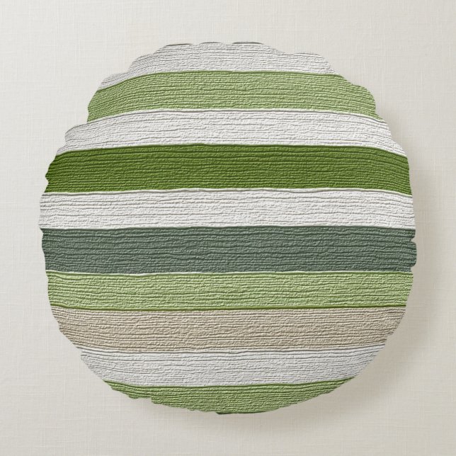 Green & Cream Striped Pattern Round Pillow (Front)