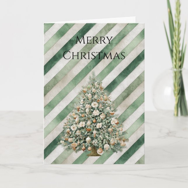 Green Cream Stripes Christmas Tree Card (Front)