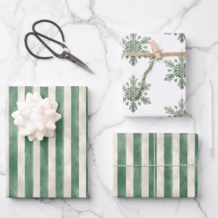 Green Cream Stripes Snowflakes Christmas Wrapping Paper Sheet