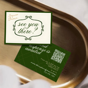 Green Cream Vintage Checks & Bow RSVP QR Wedding  Enclosure Card