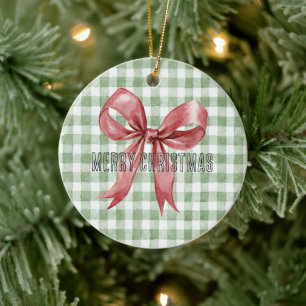 Green Cream White Plaid Stripes Ceramic Ornament