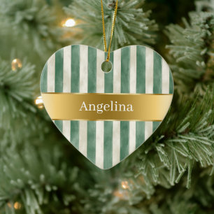 Green Cream White Stripes Gold Ribbon Christmas Ceramic Ornament