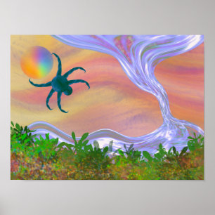 Green creature retrieving sphere from storm. poster