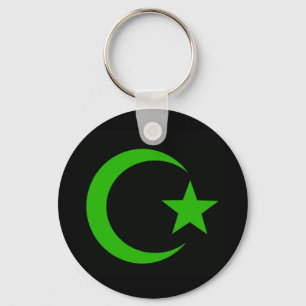 Green crescent and star--black background keychain