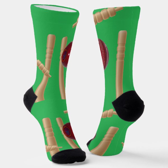 Green Cricket Ball And Wickets, Crew Socks (Angled)