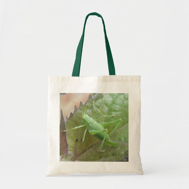 Green Cricket on a Leaf Tote Bag (Front)