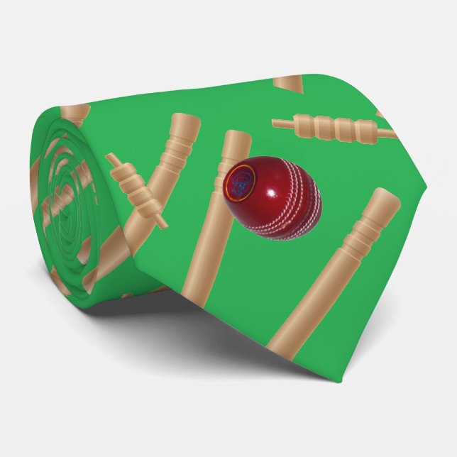 Green Cricketball And Stumps Design, Tie (Rolled)