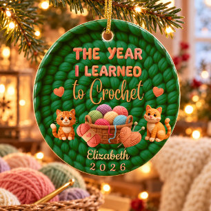 Green Crochet Yarn Christmas Custom Name Year Ceramic Ornament