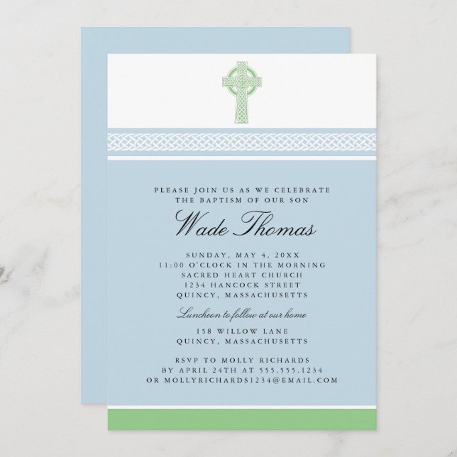 Green Cross Baptism Christening Invitation (Front/Back)