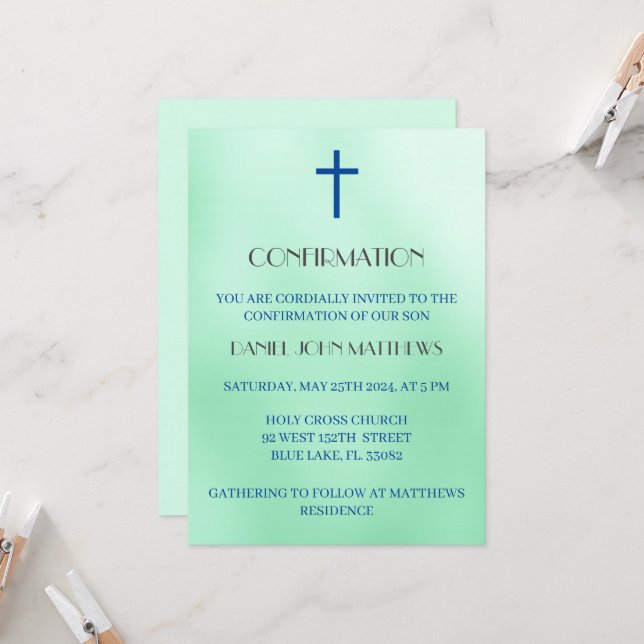 Green Cross Confirmation Ceremony  Invitation (Front/Back In Situ)