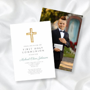 Green Cross Photo Boy First Communion Invitation