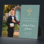 Green Cross Photo Boy First Communion Plaque<br><div class="desc">Personalized Green Cross Photo Boy First Communion Plaque Keepsake</div>