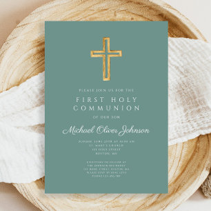 Green Cross Religious Boy First Communion Invitation