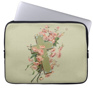 Green Cross With Pink Flowers Laptop Sleeve