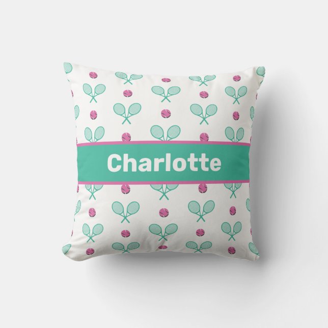 Green Crossed tennis rackets with custom name Throw Pillow (Front)