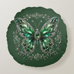 Green Crystal Butterfly Floral Frame Round Pillow
