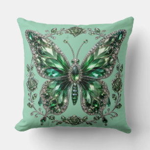 Green Crystal Butterfly Floral Frame Throw Pillow