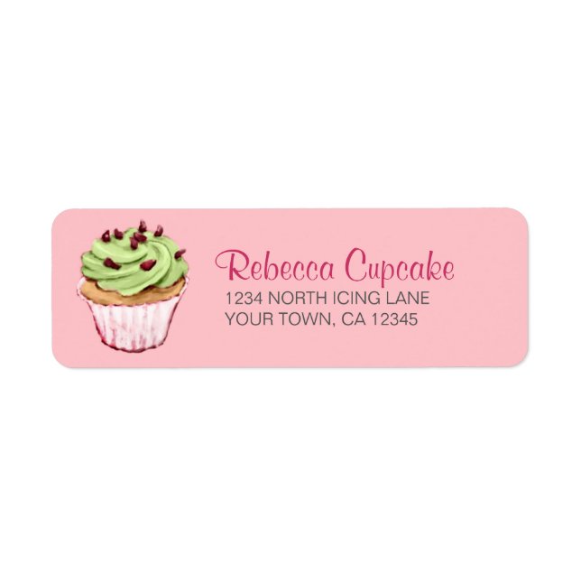 Green Cupcake on Pink Return Address Label (Front)