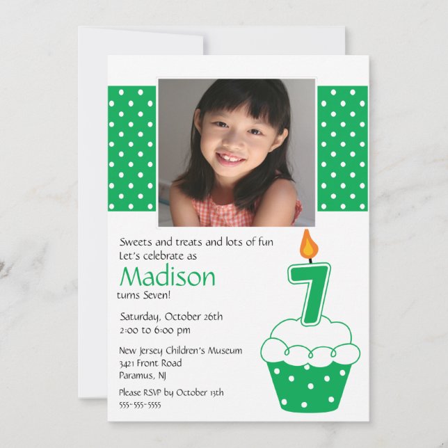 Green Cupcake Photo 7e invitation anniversaire (Devant)