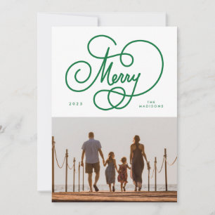 Green Cursive Script Merry Flourish Photo Holiday Card