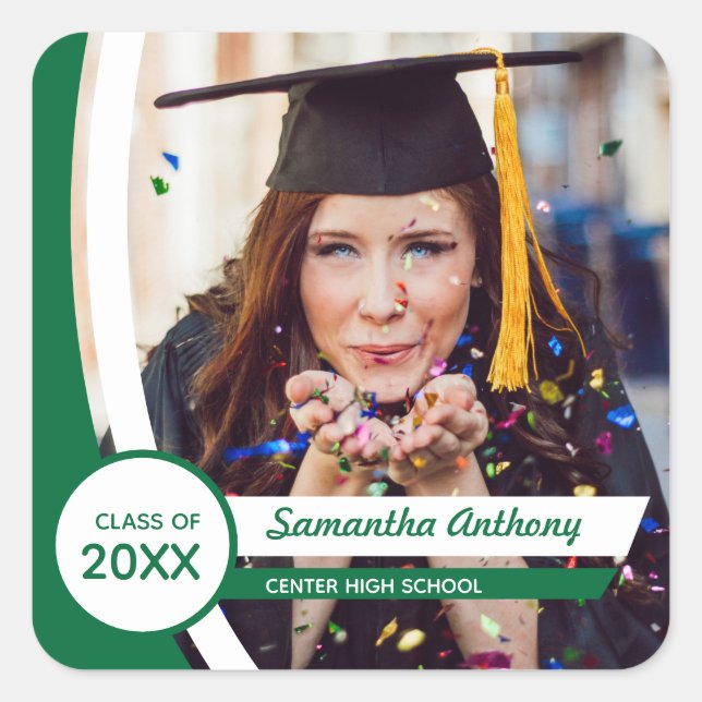 Green Curved Frame Photo Graduation Square Sticker (Front)