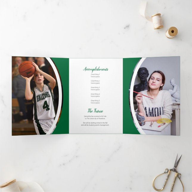 Green Curved Frame Three Photo Graduation Tri-Fold Invitation (Inside)