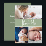 Green Custom 3 Baby photos Handlettering Script Thank You Card<br><div class="desc">Create personalized Baby shower thank you cards featuring your baby's adorable photos and expressions of gratitude. Customize the cards with your baby's pictures, a heartfelt greeting, their name, birth date, weight, length, and a personalized thank you message. These flat cards provide ample space to showcase the precious moments and milestones...</div>