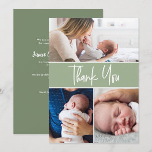 Green Custom 3 Baby photos Handlettering Script Thank You Card