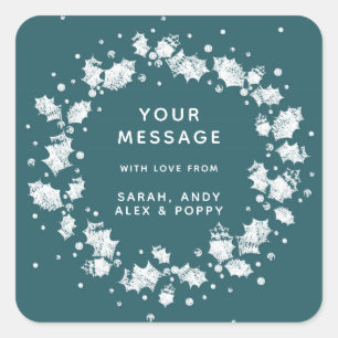 Green Custom Christmas Stylized Holly Wreath Square Sticker