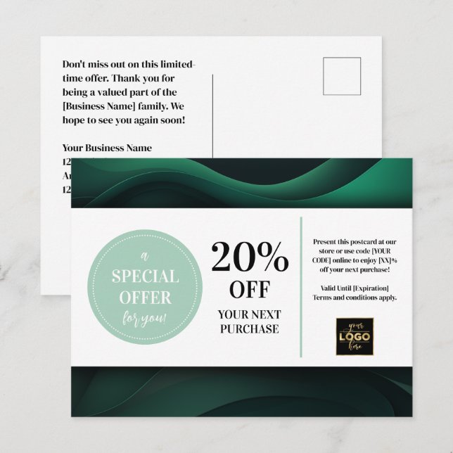 Green Custom Coupon Discount Postcard  (Front/Back)