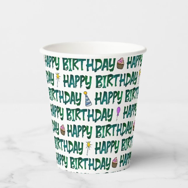 Green Custom Happy Birthday Text Pattern  Paper Cups (Front)