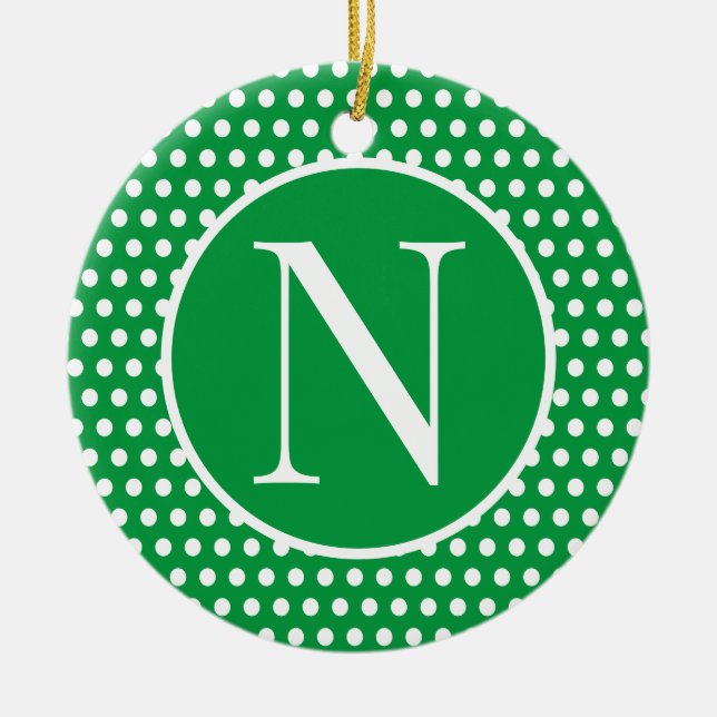 Green Custom initial letter Polka Dot  Ceramic Ornament (Front)