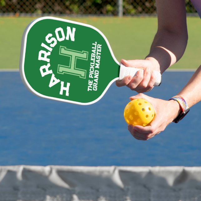 Green custom monogram name initial and team pickleball paddle (Insitu)