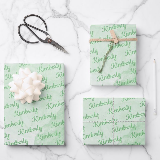 Green Custom Name Personalized Wrapping Paper Sheet (Front)