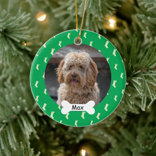 Green Custom Pet Puppy Dog Photo Ceramic Ornament (Tree)