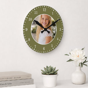 Green Custom Photo and White Numbers Personalized Round Clock
