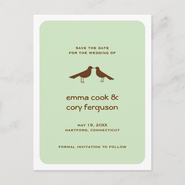 Green custom save the date love birds flat card (Front)