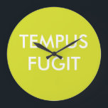 Green Custom Text Latin Phrases Tempus Fugit Large Clock<br><div class="desc">Green and white minimalist round wall clock with latin motto "Tempus fugit". Personalize no numbers wall clocks with your colours, favourite latin quotes and fonts. Personalized latin phrases wall clock design, by red_dress, featuring the white text "Tempus Fugit" on a green background. Easily customize Tempus Fugit wall clocks with your...</div>