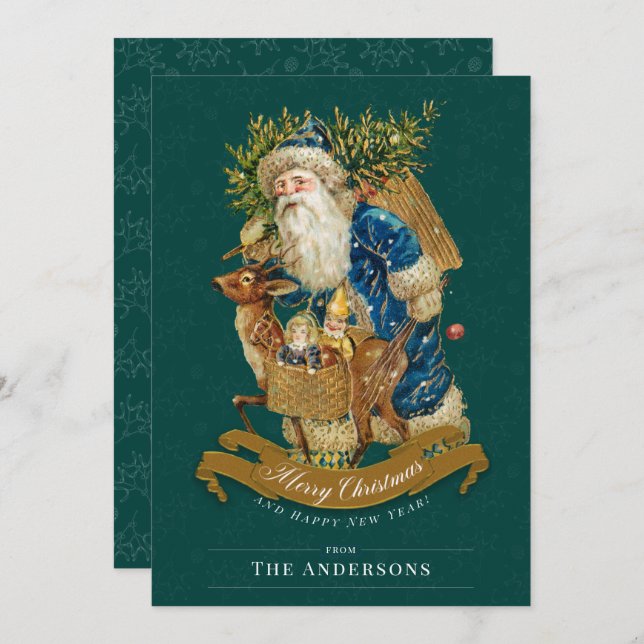 Green Custom Vintage Santa Claus Christmas Card (Front/Back)