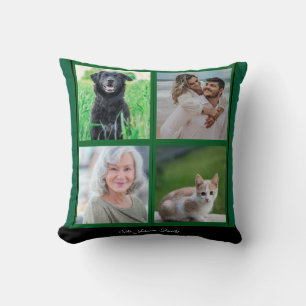 Green Customizable Family Name and Photo collage  Throw Pillow
