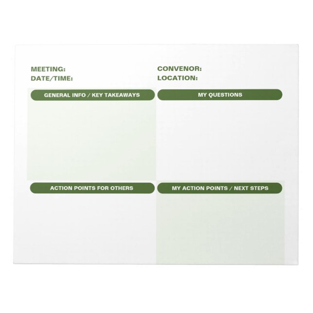 Green Customizable Four Part MEETING NOTES Notepad (Front)