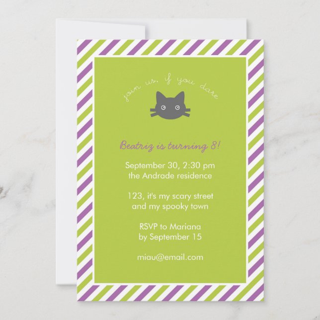 Green Cute Black Cat Kids Halloween Birthday Invitation (Front)