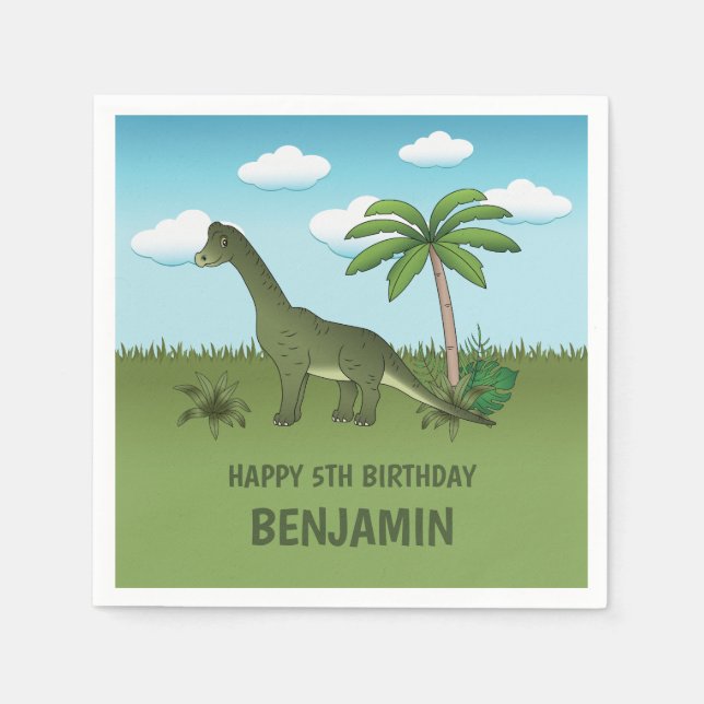 Green Cute Brachiosaurus Dinosaur Kid's Birthday Napkin (Front)