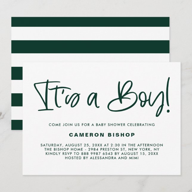 Green Cute Calligraphy It's a Boy Baby Shower Invitation (Front/Back)