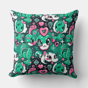 Green cute cartoon fancy charecters, dragons, flam throw pillow