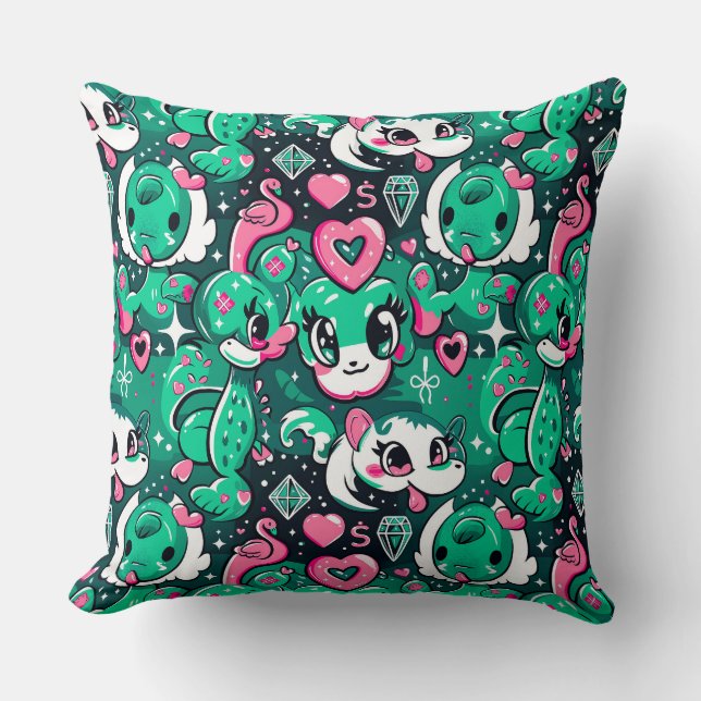 Green cute cartoon fancy charecters, dragons, flam throw pillow (Front)