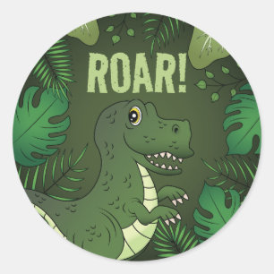 Green Cute Cartoon T-rex Dinosaur With Roar Text Classic Round Sticker