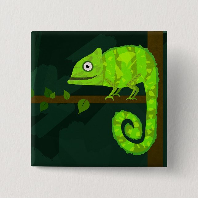 Green cute chameleon 2 inch square button (Front)