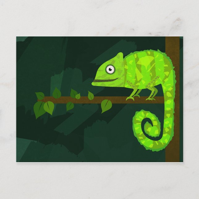 Green cute chameleon announcement postcard (Front)